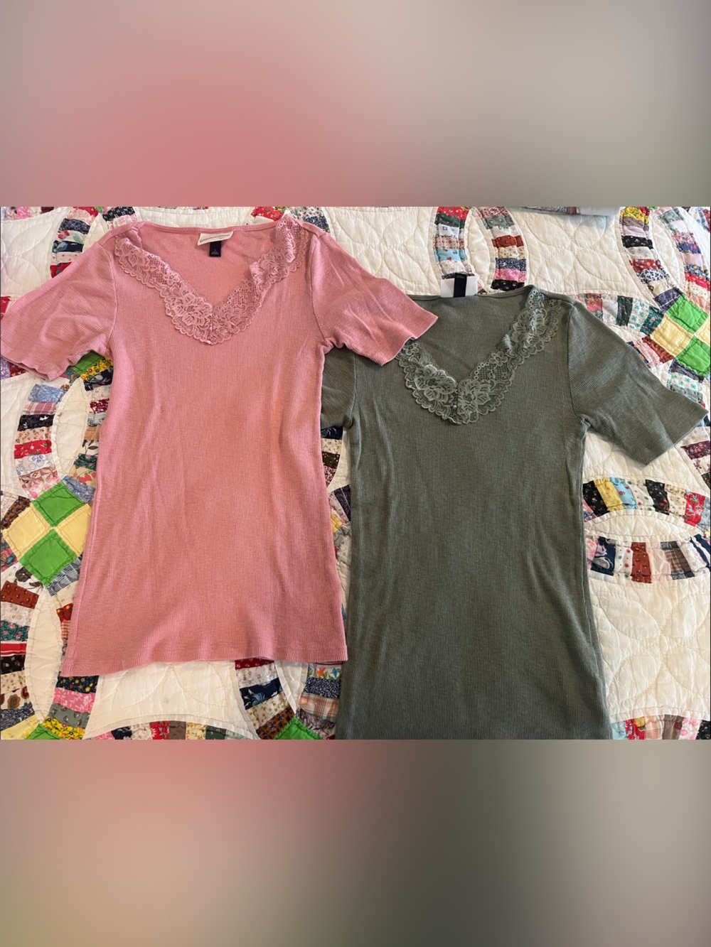 Universal Thread Lace Trim Short Sleeve Ribbed Shirts - Pink & Olive 2 pack